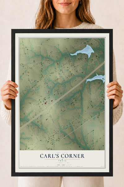 Map of Carl's Corner, Texas, 18 x 24 inch print in a black wood frame