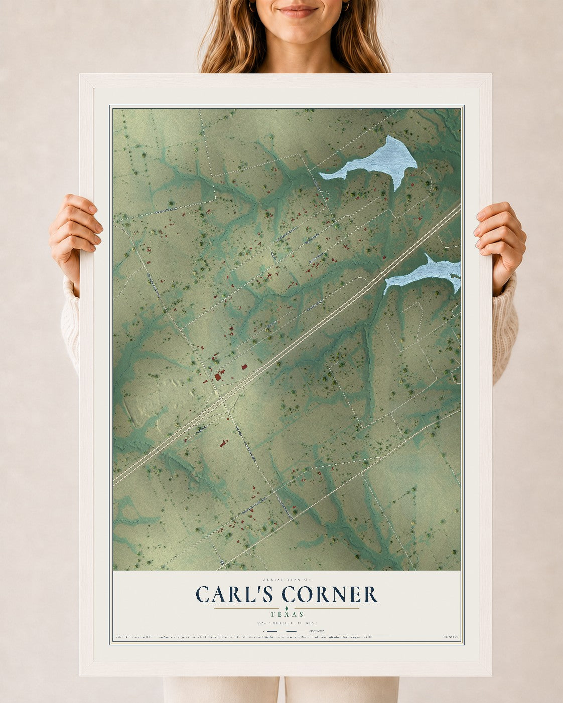 Map of Carl's Corner, Texas, 24 x 36 inch print in a white wood frame