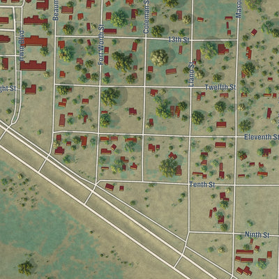 Close-up of the map of Carlsbad, Texas print showing street and building detail