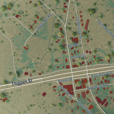 Close-up of the map of Carmine, Texas print showing street and building detail