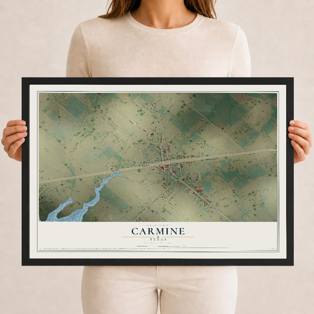 Map of Carmine, Texas, 12 x 18 inch print in a black wood frame