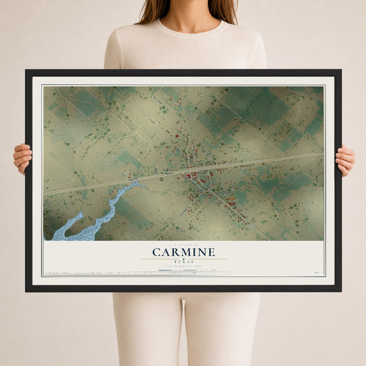 Map of Carmine, Texas, 24 x 36 inch print in a black wood frame