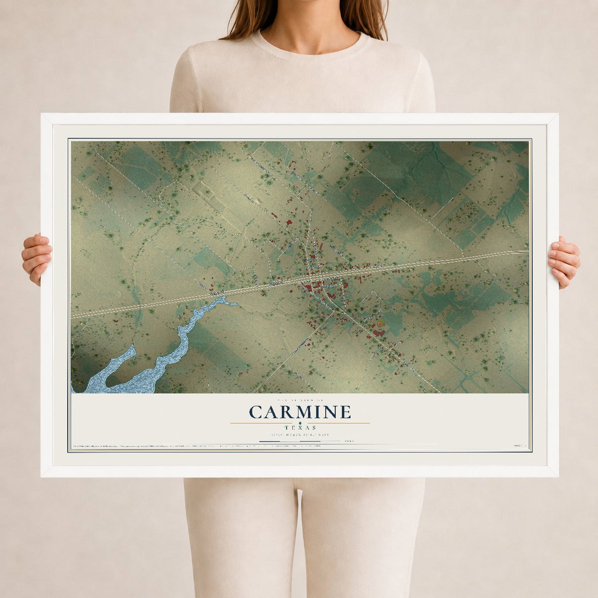 Map of Carmine, Texas, 24 x 36 inch print in a white wood frame
