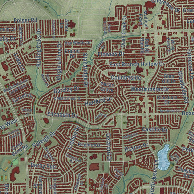 Close-up of the map of Carrollton, Texas print showing street and building detail