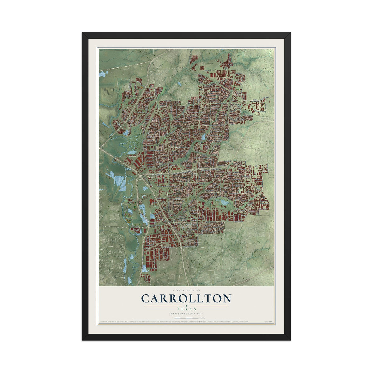 Map of Carrollton, Texas, 12 x 18 inch print in a black wood frame