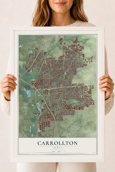 Map of Carrollton, Texas, 18 x 24 inch print in a white wood frame