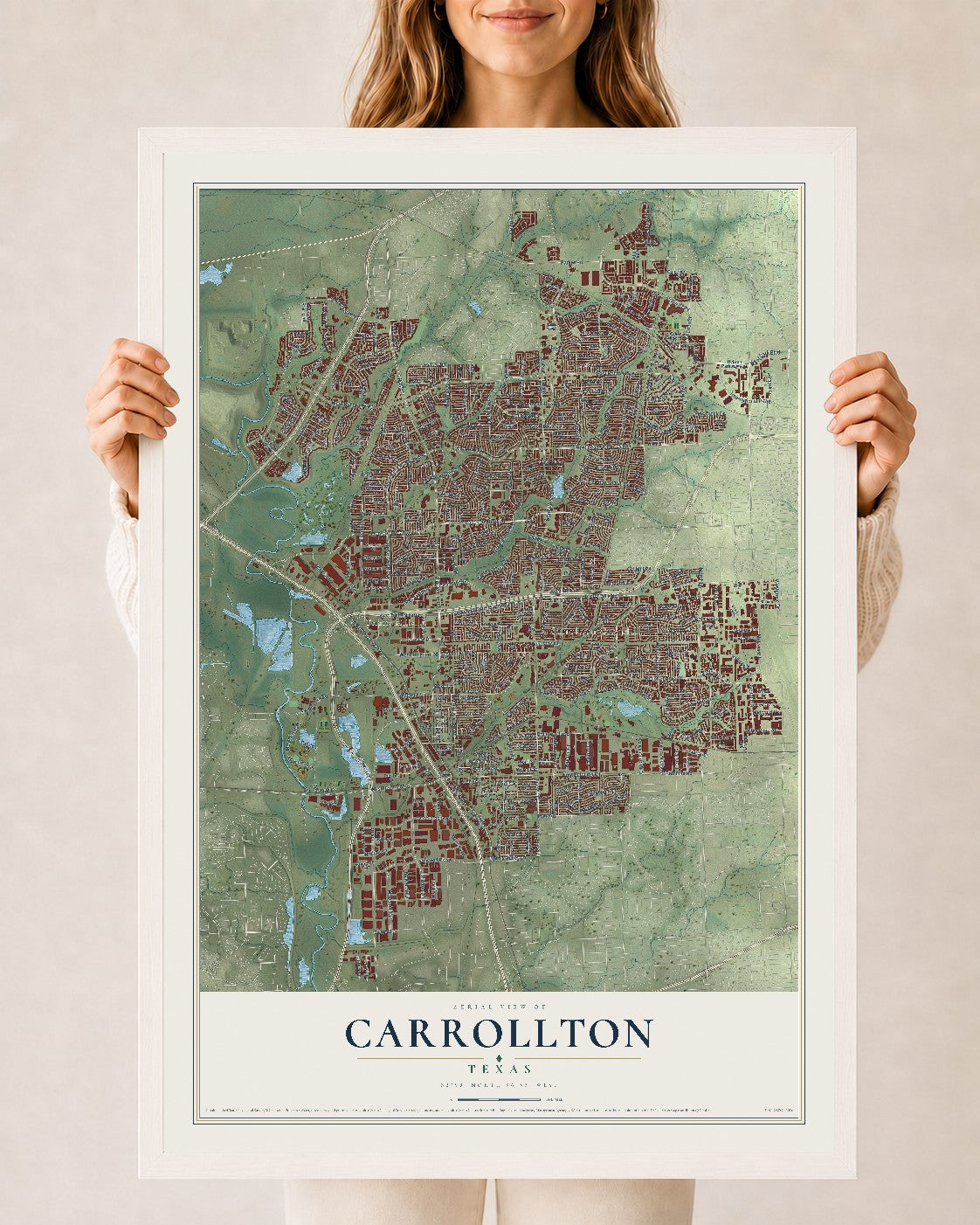 Map of Carrollton, Texas, 24 x 36 inch print in a white wood frame