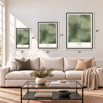 Casas, Texas map in 12 x 18, 18 x 24 and 24 x 36 inch sizes above a sofa