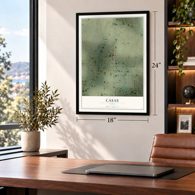 Casas, Texas map, 18 x 24 inch print in a black frame in a home office