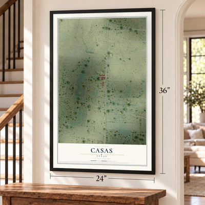 Casas, Texas map, 24 x 36 inch print in a black frame by a staircase