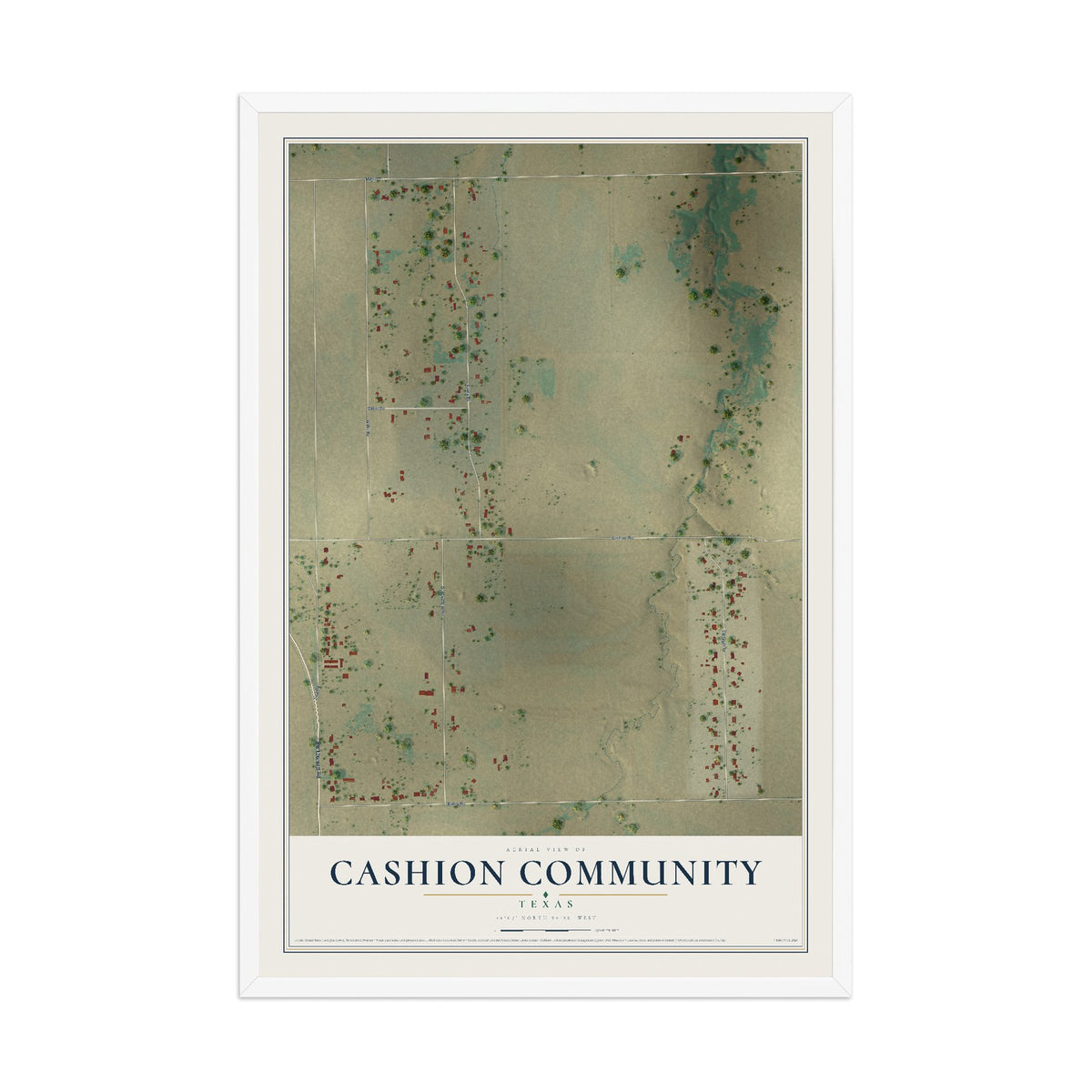 Map of Cashion Community, Texas, 12 x 18 inch print in a white wood frame