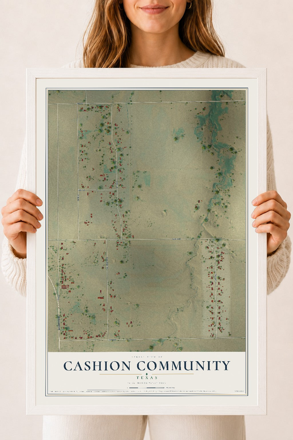 Map of Cashion Community, Texas, 18 x 24 inch print in a white wood frame