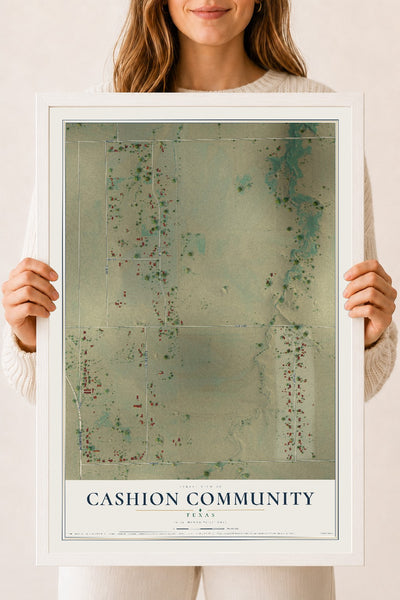 Map of Cashion Community, Texas, 18 x 24 inch print in a white wood frame