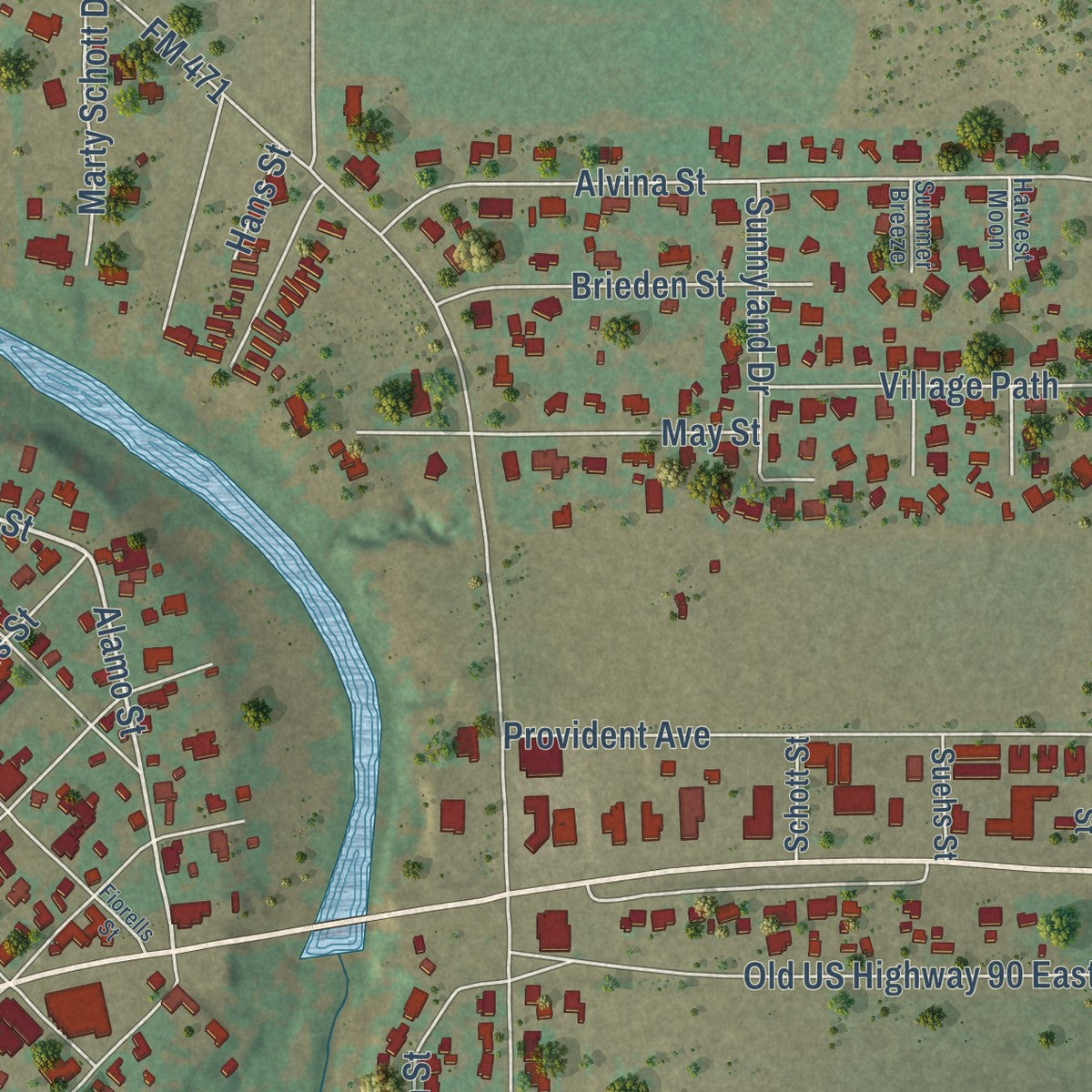 Second close-up of the map of Castroville, Texas print showing more streets and buildings