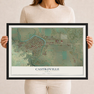 Map of Castroville, Texas, 12 x 18 inch print in a black wood frame