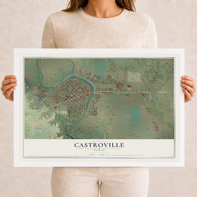 Map of Castroville, Texas, 12 x 18 inch print in a white wood frame