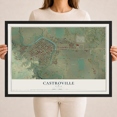 Map of Castroville, Texas, 18 x 24 inch print in a black wood frame