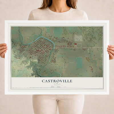 Map of Castroville, Texas, 18 x 24 inch print in a white wood frame