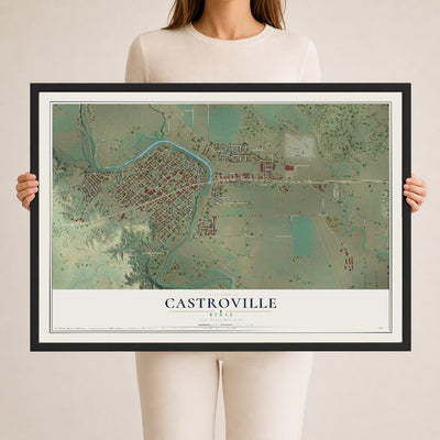 Map of Castroville, Texas, 24 x 36 inch print in a black wood frame