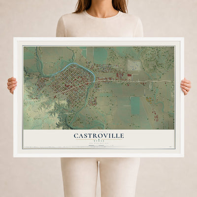 Map of Castroville, Texas, 24 x 36 inch print in a white wood frame