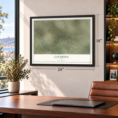 Catarina, Texas map, 18 x 24 inch print in a black frame in a home office