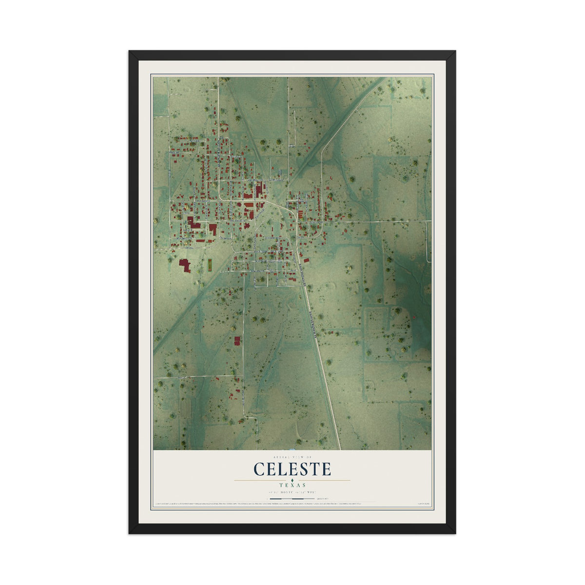 Map of Celeste, Texas, 12 x 18 inch print in a black wood frame