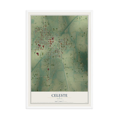 Map of Celeste, Texas, 12 x 18 inch print in a white wood frame