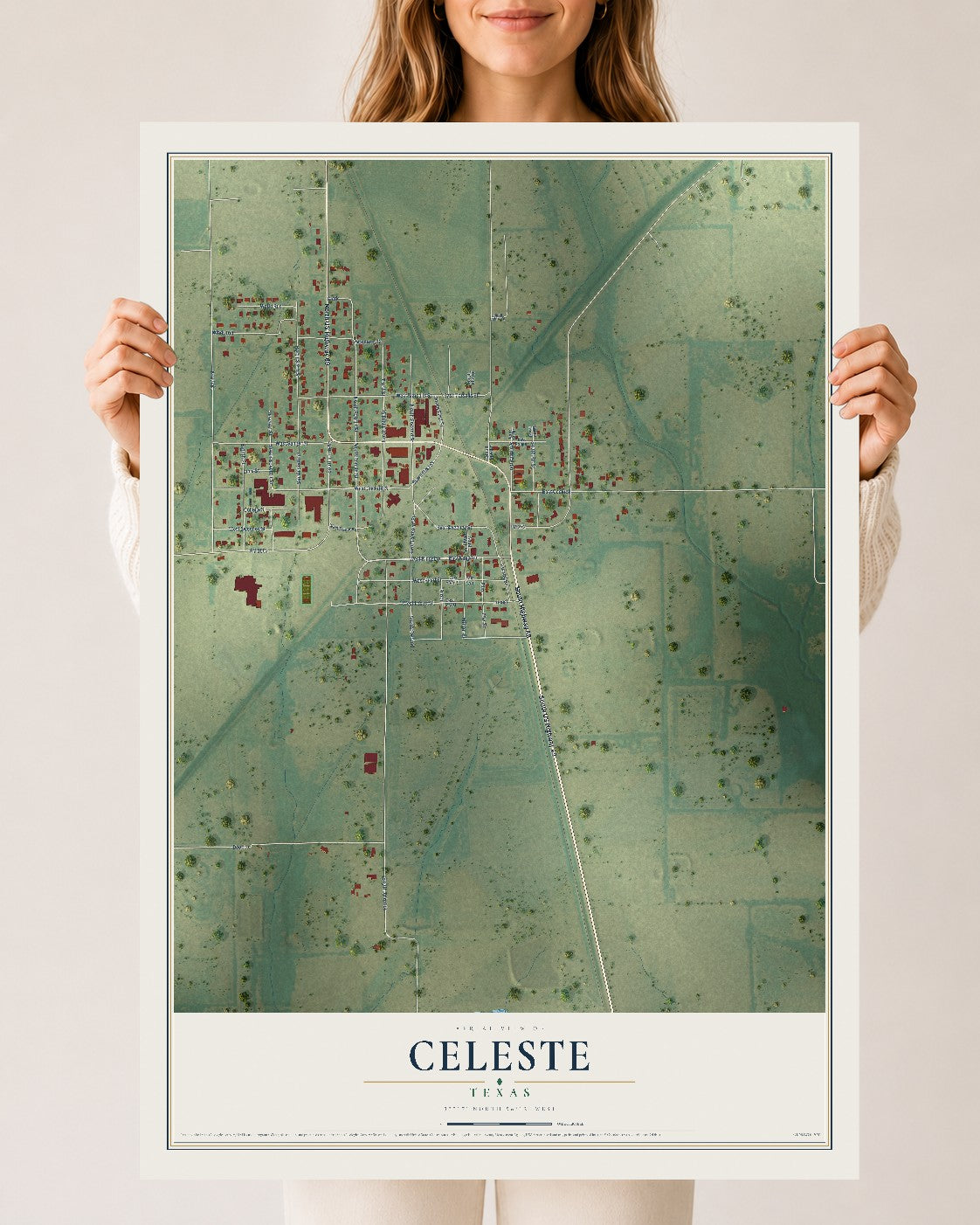 Map of Celeste, Texas, 24 x 36 inch unframed archival matte print