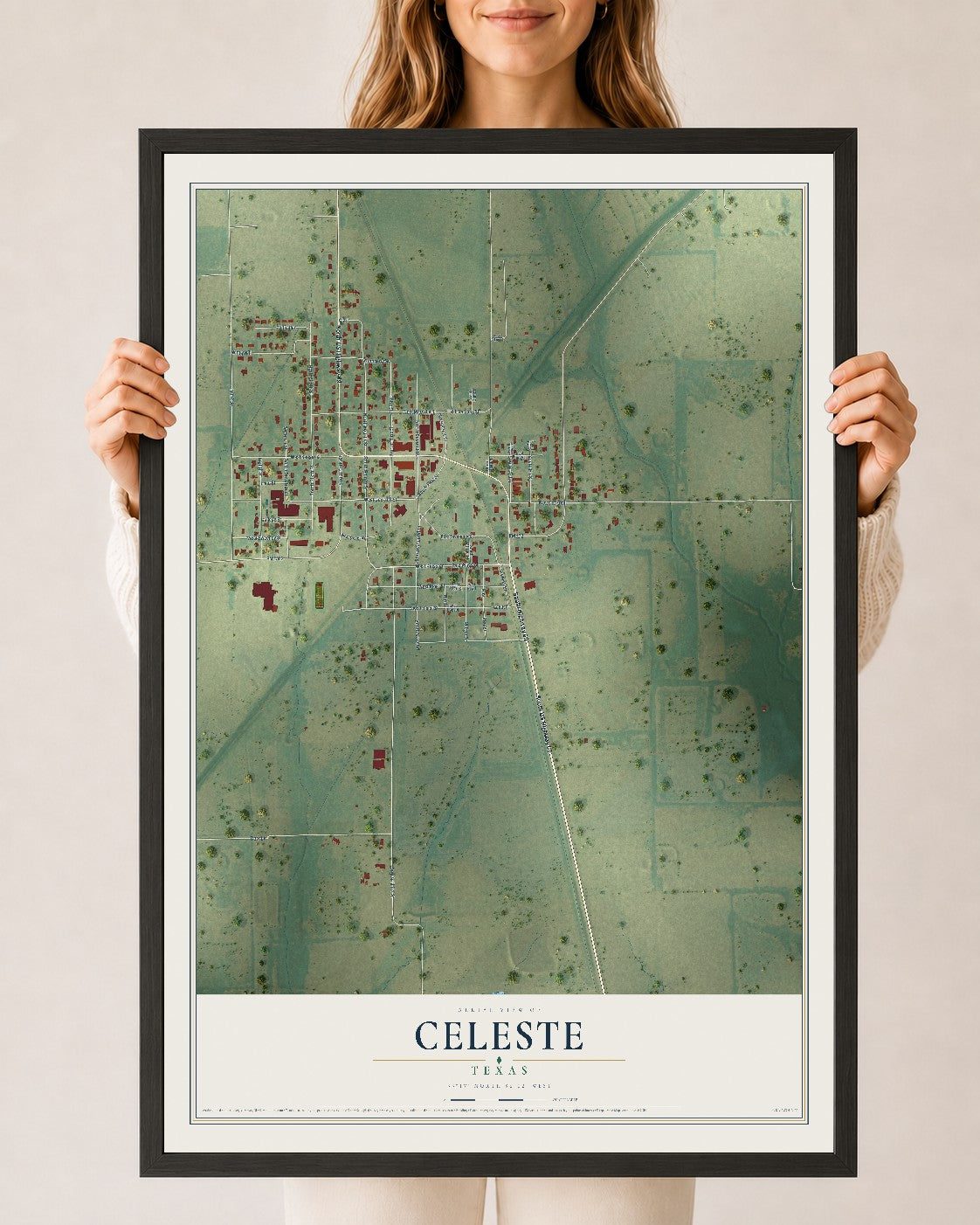Map of Celeste, Texas, 24 x 36 inch print in a black wood frame
