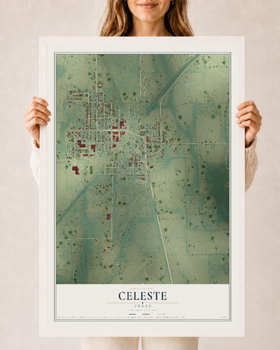 Map of Celeste, Texas, 24 x 36 inch print in a white wood frame