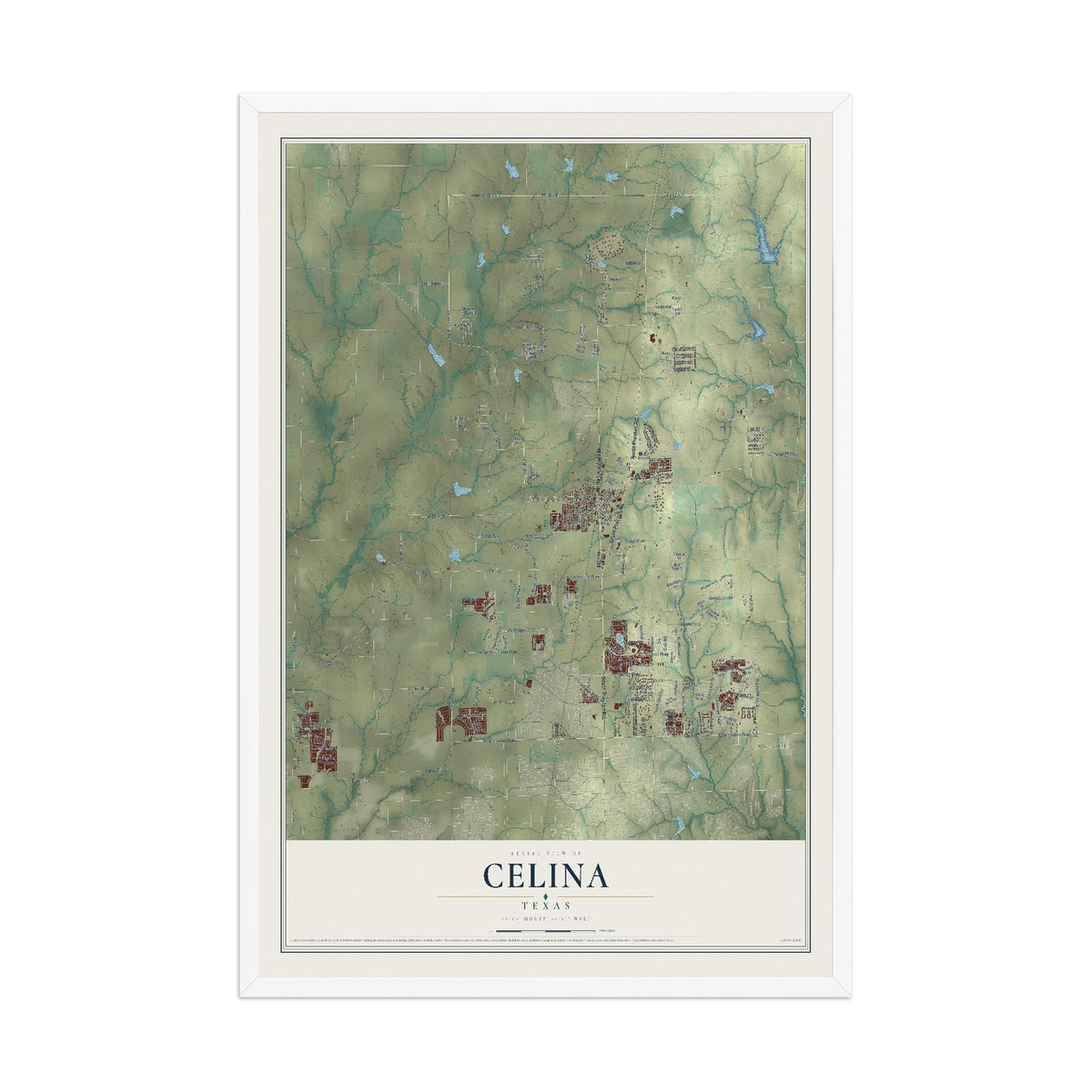 Map of Celina, Texas, 12 x 18 inch print in a white wood frame