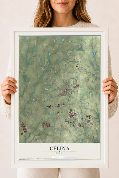 Map of Celina, Texas, 18 x 24 inch print in a white wood frame