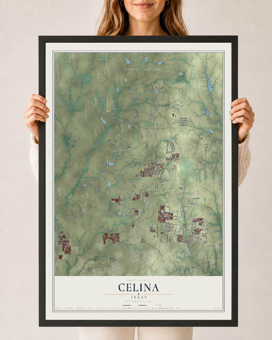 Map of Celina, Texas, 24 x 36 inch print in a black wood frame