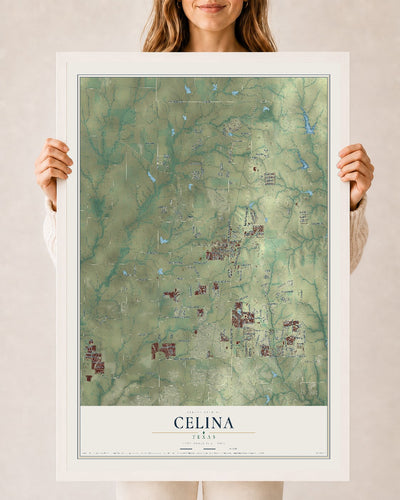 Map of Celina, Texas, 24 x 36 inch print in a white wood frame