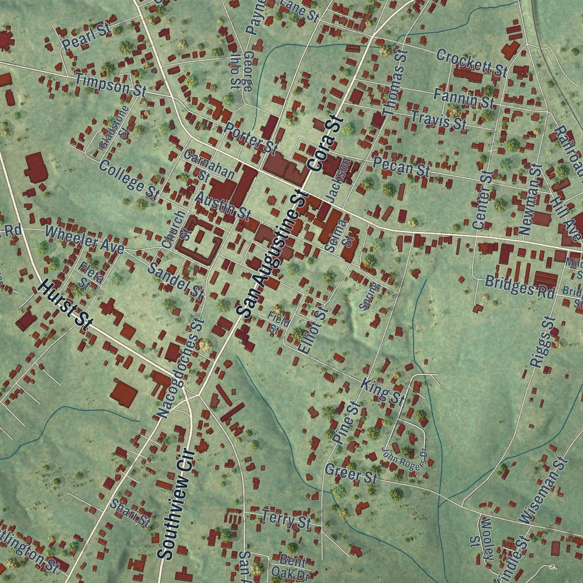 Close-up of the map of Center, Texas print showing street and building detail