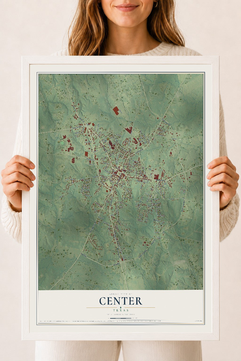 Map of Center, Texas, 18 x 24 inch print in a white wood frame