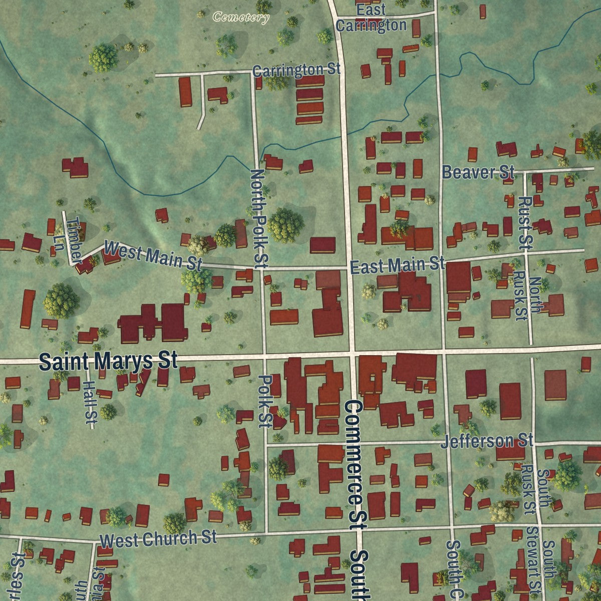 Close-up of the map of Centerville, Texas print showing street and building detail
