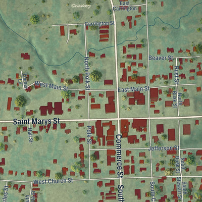 Close-up of the map of Centerville, Texas print showing street and building detail