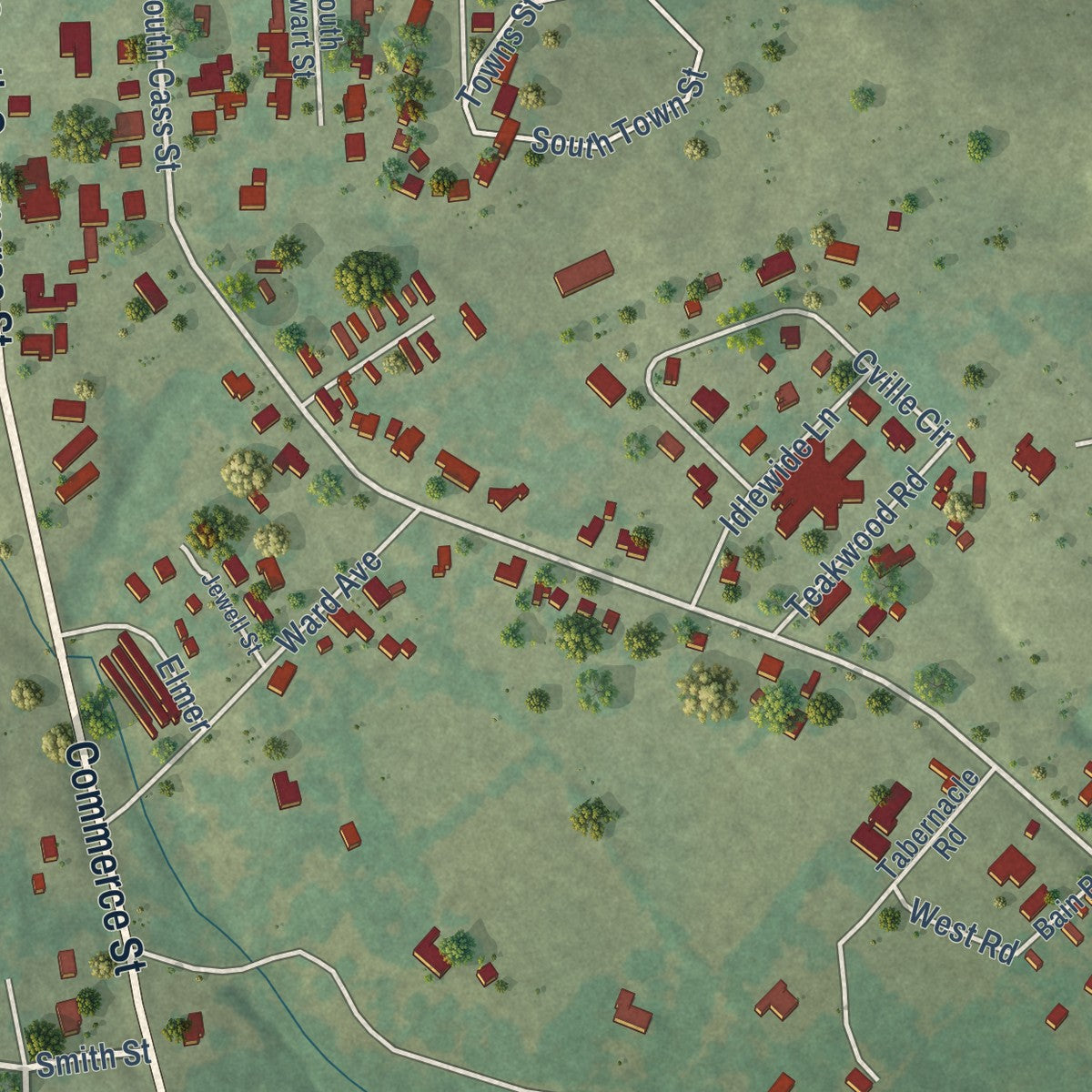 Second close-up of the map of Centerville, Texas print showing more streets and buildings