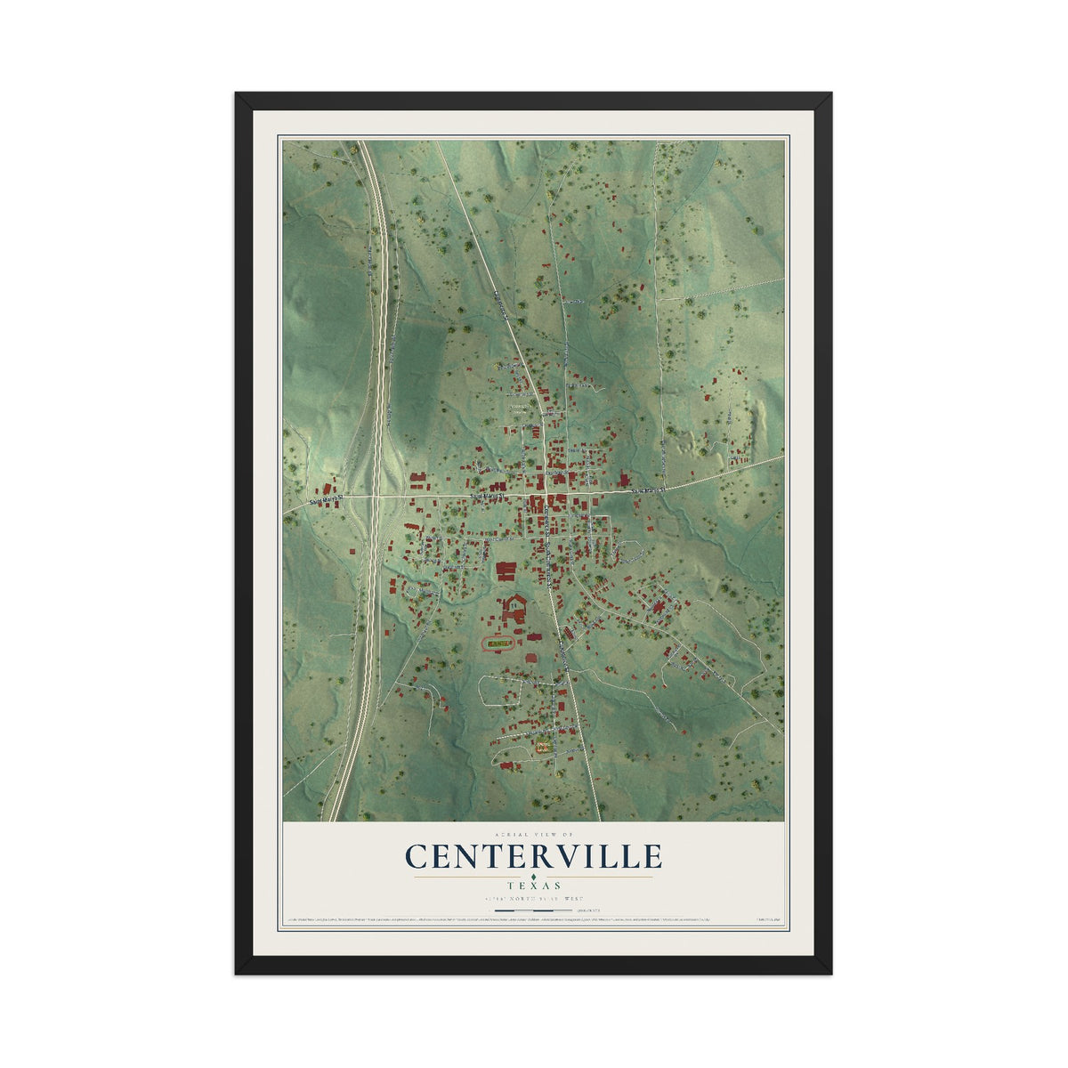 Map of Centerville, Texas, 12 x 18 inch print in a black wood frame