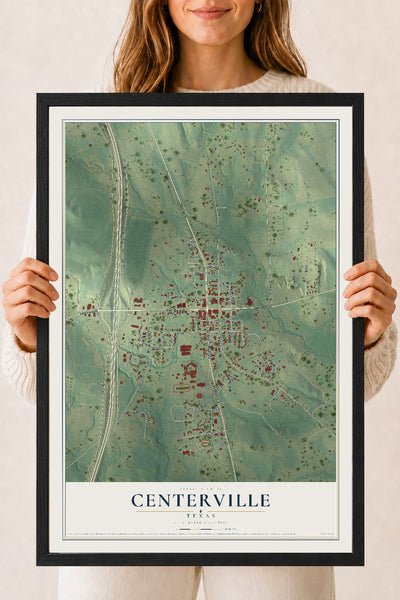 Map of Centerville, Texas, 18 x 24 inch print in a black wood frame