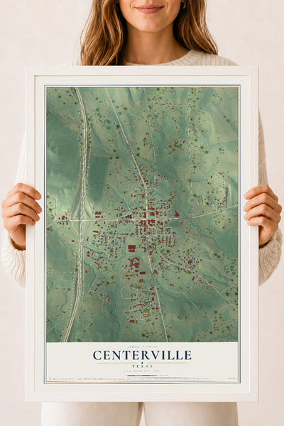 Map of Centerville, Texas, 18 x 24 inch print in a white wood frame