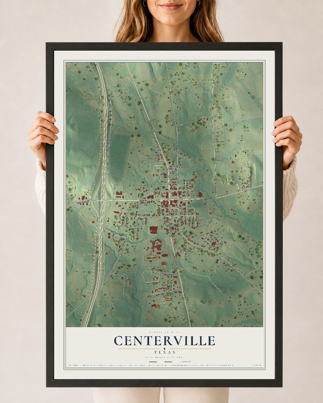 Map of Centerville, Texas, 24 x 36 inch print in a black wood frame
