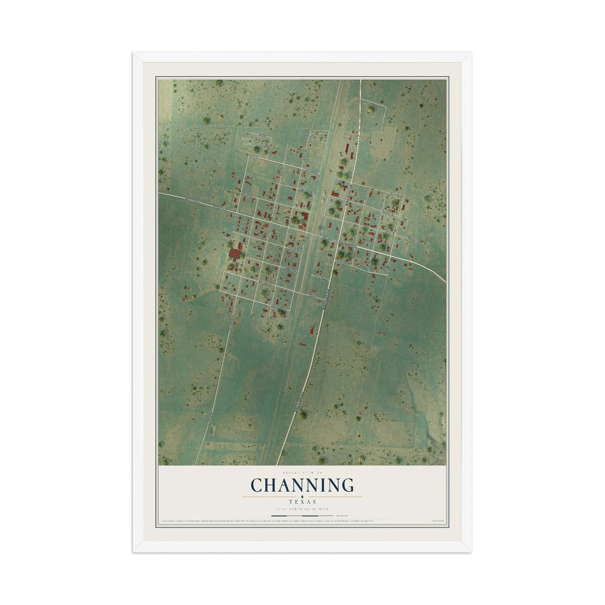 Map of Channing, Texas, 12 x 18 inch print in a white wood frame