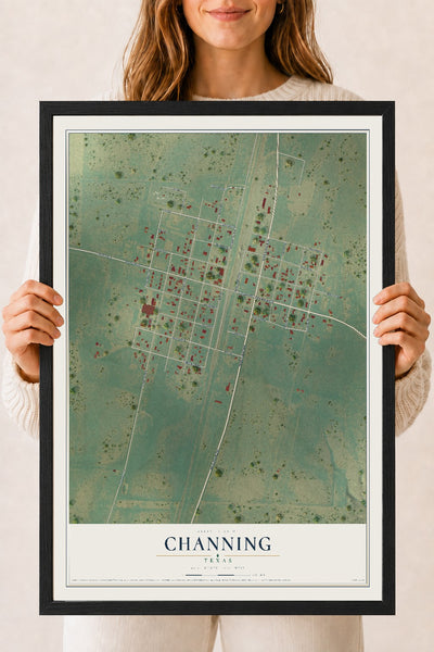 Map of Channing, Texas, 18 x 24 inch print in a black wood frame
