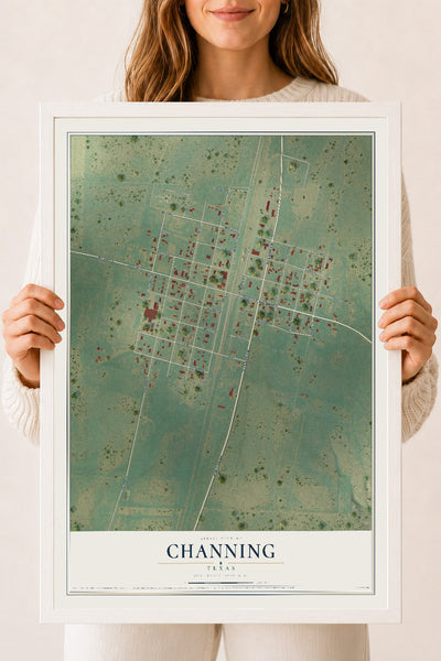 Map of Channing, Texas, 18 x 24 inch print in a white wood frame