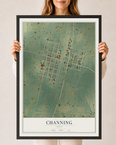 Map of Channing, Texas, 24 x 36 inch print in a black wood frame