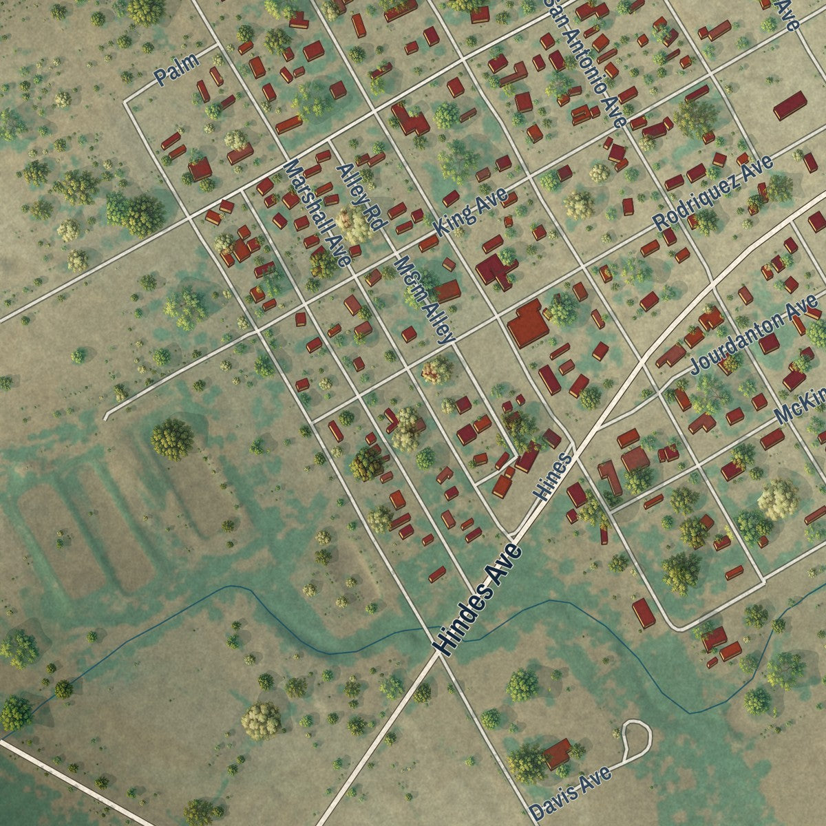 Second close-up of the map of Charlotte, Texas print showing more streets and buildings