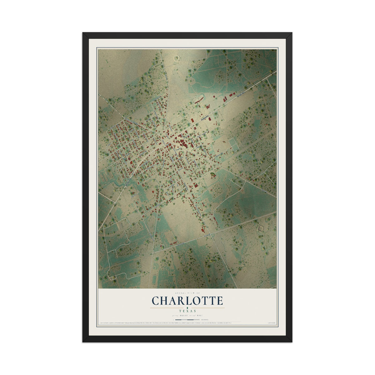 Map of Charlotte, Texas, 12 x 18 inch print in a black wood frame