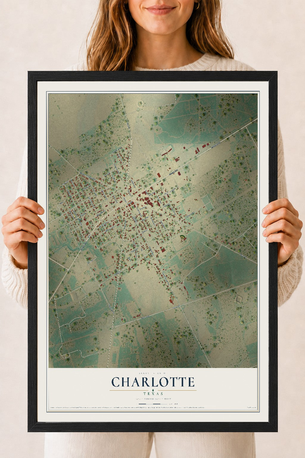 Map of Charlotte, Texas, 18 x 24 inch print in a black wood frame